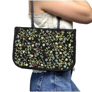 Black Beaded Mulitcolor Floral Shoulder Bag Embellished Purse Satin Lining